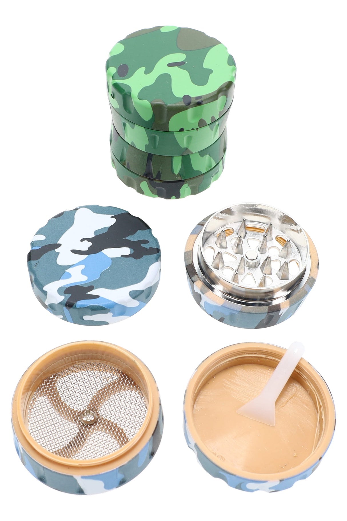 1.75-inch 4-part plastic and metal camo herb grinder shown apart with metal teeth, mesh sifter screen and small kief scraper