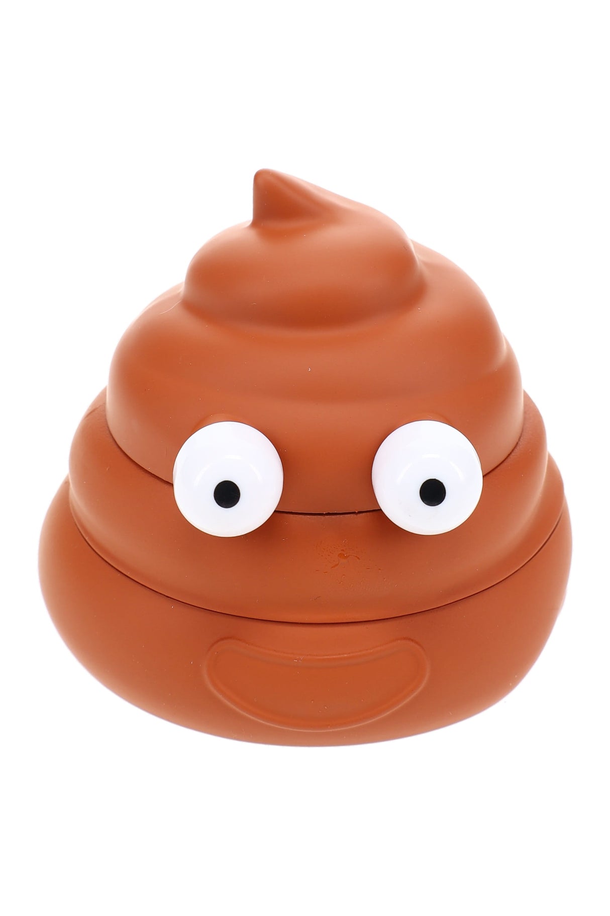 Brown poop emoji herb grinder front view with raised eyes, smile, and rounded 1¾ inch body