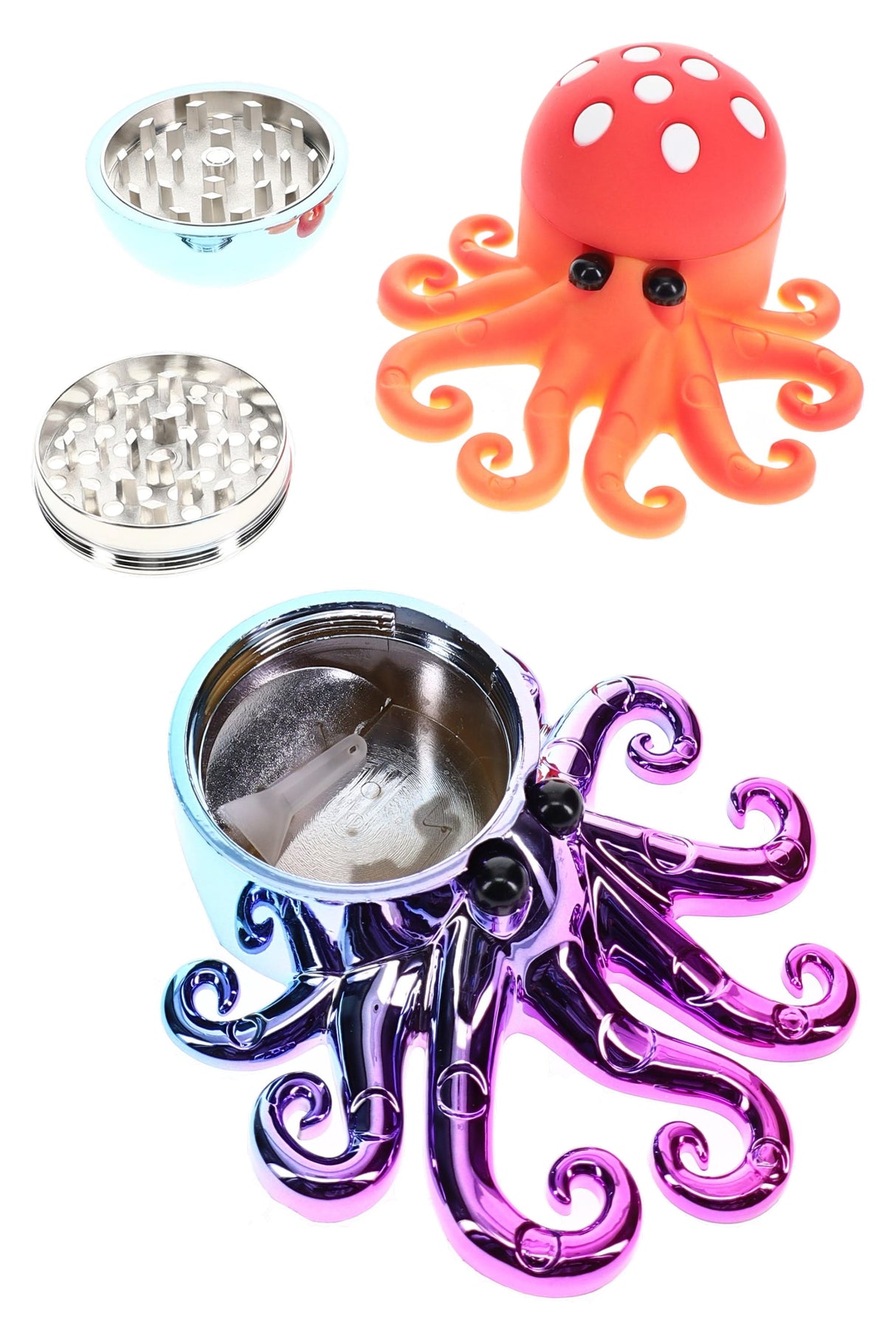 Open octopus herb grinder showing orange and metallic purple shells with metal teeth and 3-part layout
