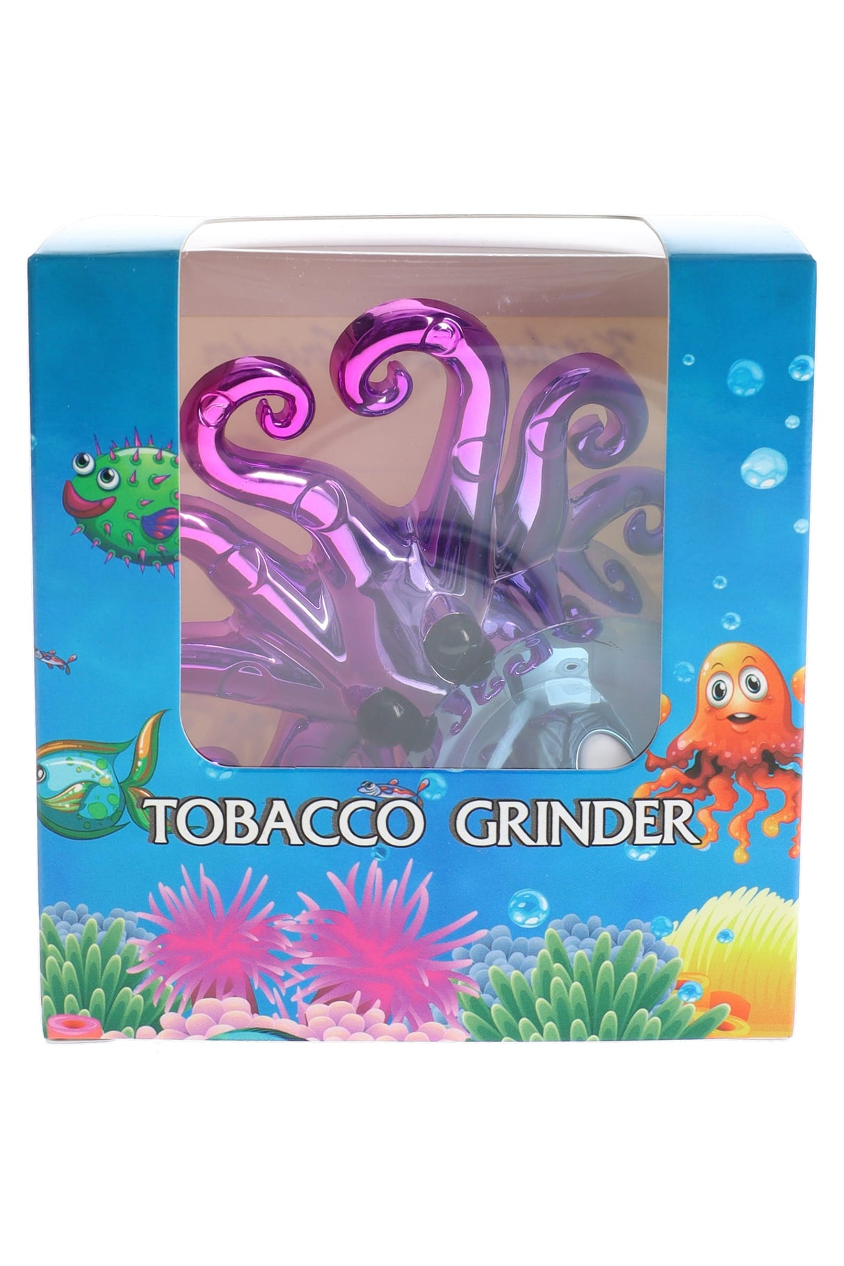 Metallic purple octopus herb grinder in sea-themed retail box with curled tentacles and raised eye details