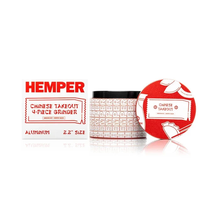HEMPER Chinese Takeout grinder with red illustrated lid, white patterned body, and branded packaging