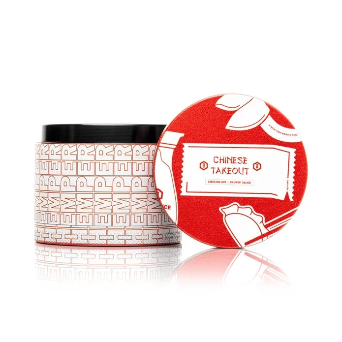 HEMPER Chinese Takeout grinder with its red dumpling-themed lid resting beside the white patterned body