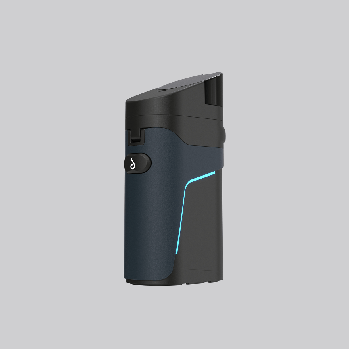Angled front view of black Dr. Dabber Ghost² dab pen showing side button and blue accent trim