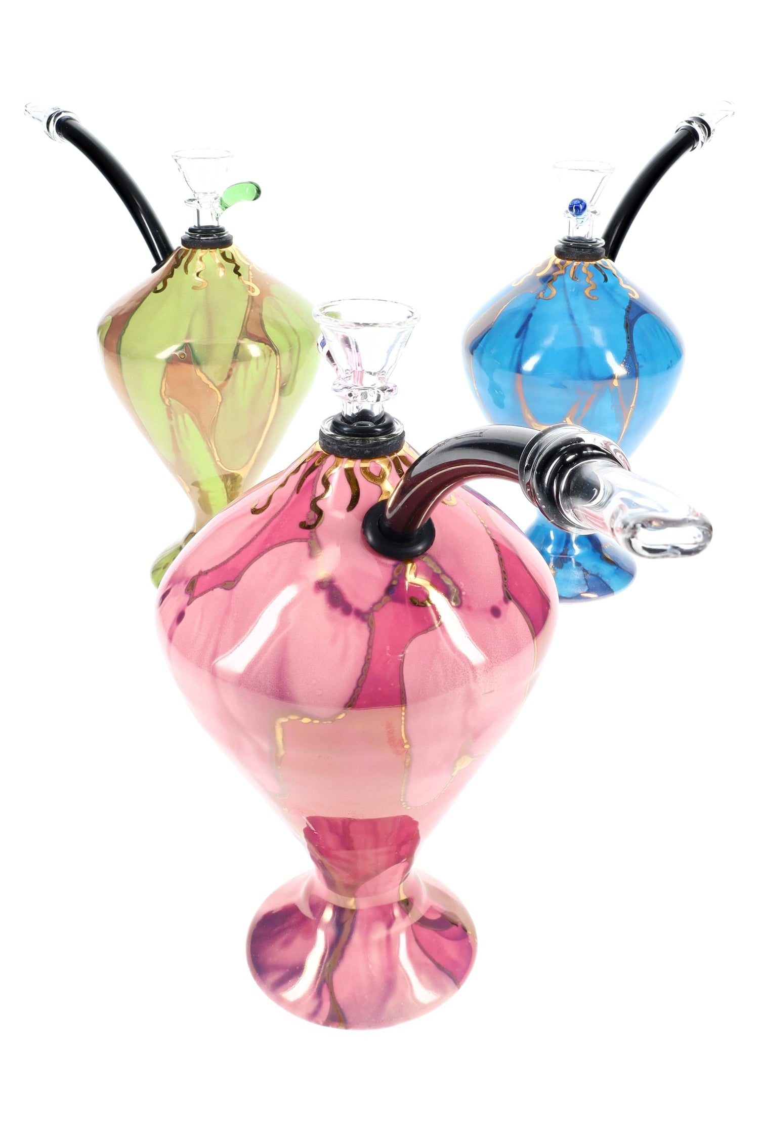 Hand-thrown 6-inch ceramic mini hookah trio in pink, green, and blue glazes with 22 k gold veining, removable hoses, and glass martini bowls displayed on white backdrop.