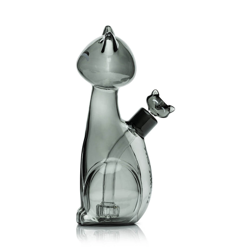 Side profile of Hemper Alley Cats XL smoky gray 9.5-inch cat glass bong showing 14.5 mm joint, clear bowl and paw base.
