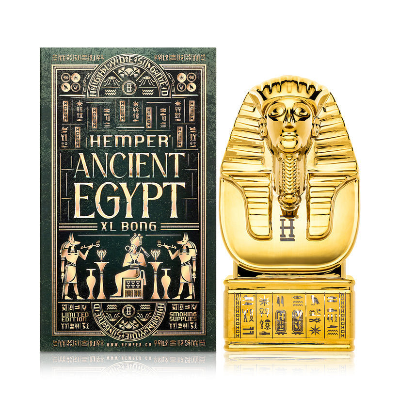 Front hero shot of Hemper Ancient Egypt XL pharaoh bust bong next to ornate Ancient Egypt XL box, ready for premium smoke shop display.