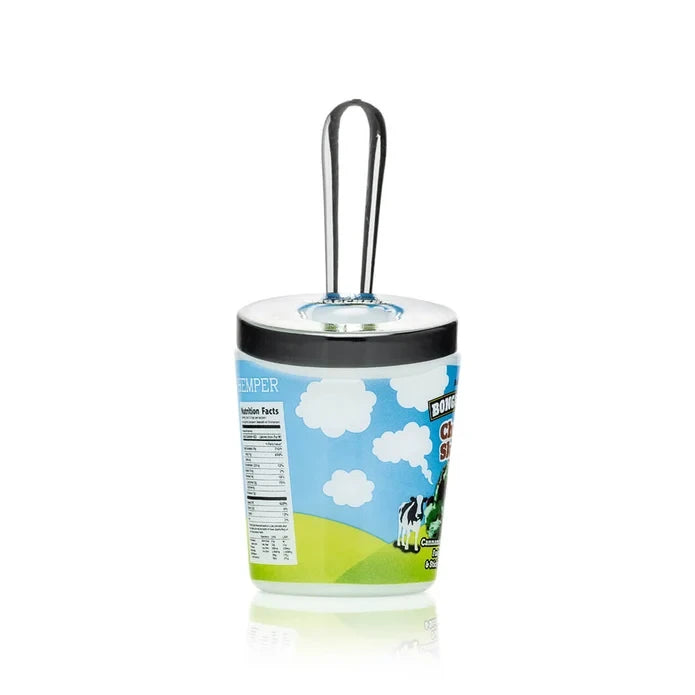 Side view of Bong & Cherry’s glass hand pipe with blue-green pint artwork and angled clear mouthpiece