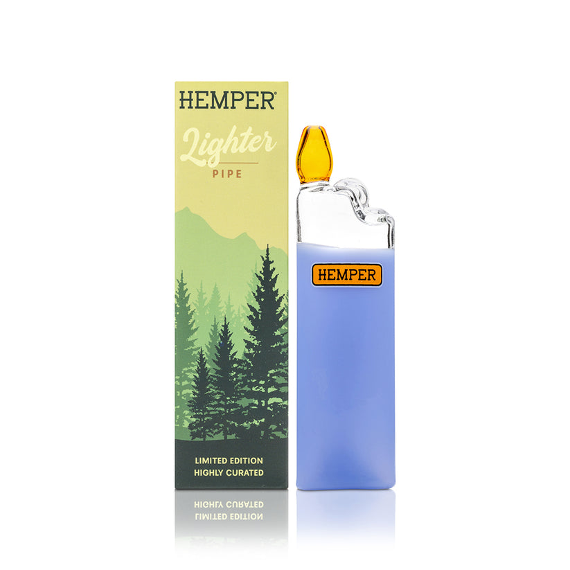 Front view of Hemper Bowlman Lighter blue novelty pipe with amber flame mouthpiece and branded box, styled to resemble a classic lighter.