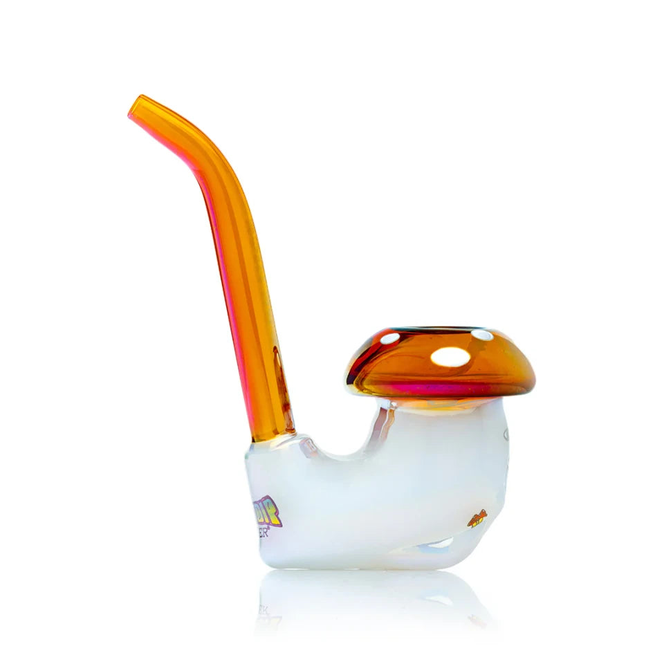 Side view of RIPNDIP x HEMPER Sherlock pipe with white body and curved amber mouthpiece