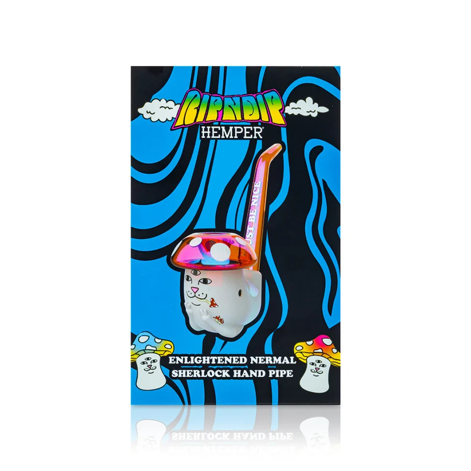Blue-and-black RIPNDIP x HEMPER retail box with Enlightened Nermal Sherlock pipe artwork
