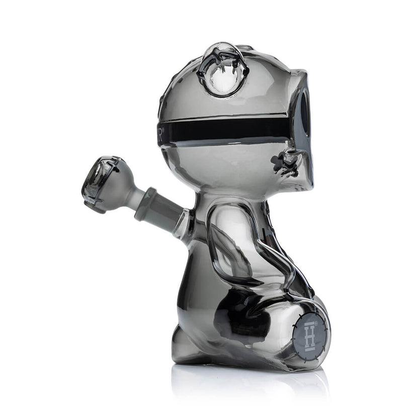 Side profile of Hemper Scare Bears Teddy Bear XL glass bong showing seated bear body, recessed 14.5 mm joint and clear bowl attachment.