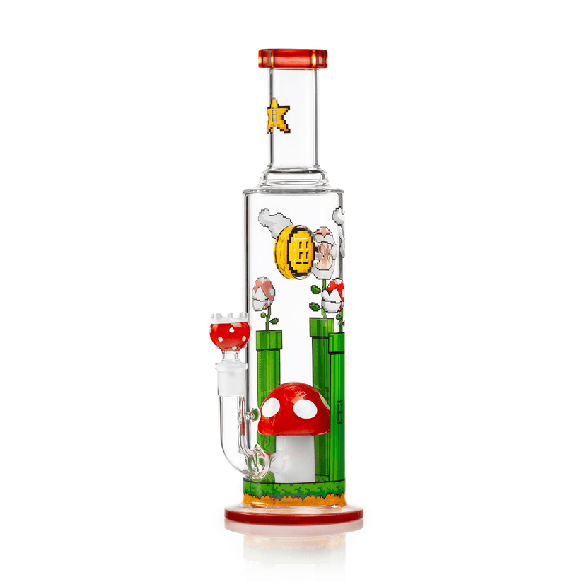 Straight-on studio shot of Hemper Gaming Flower XL glass bong highlighting red mouthpiece, mushroom percolator and coin-style splash guard.