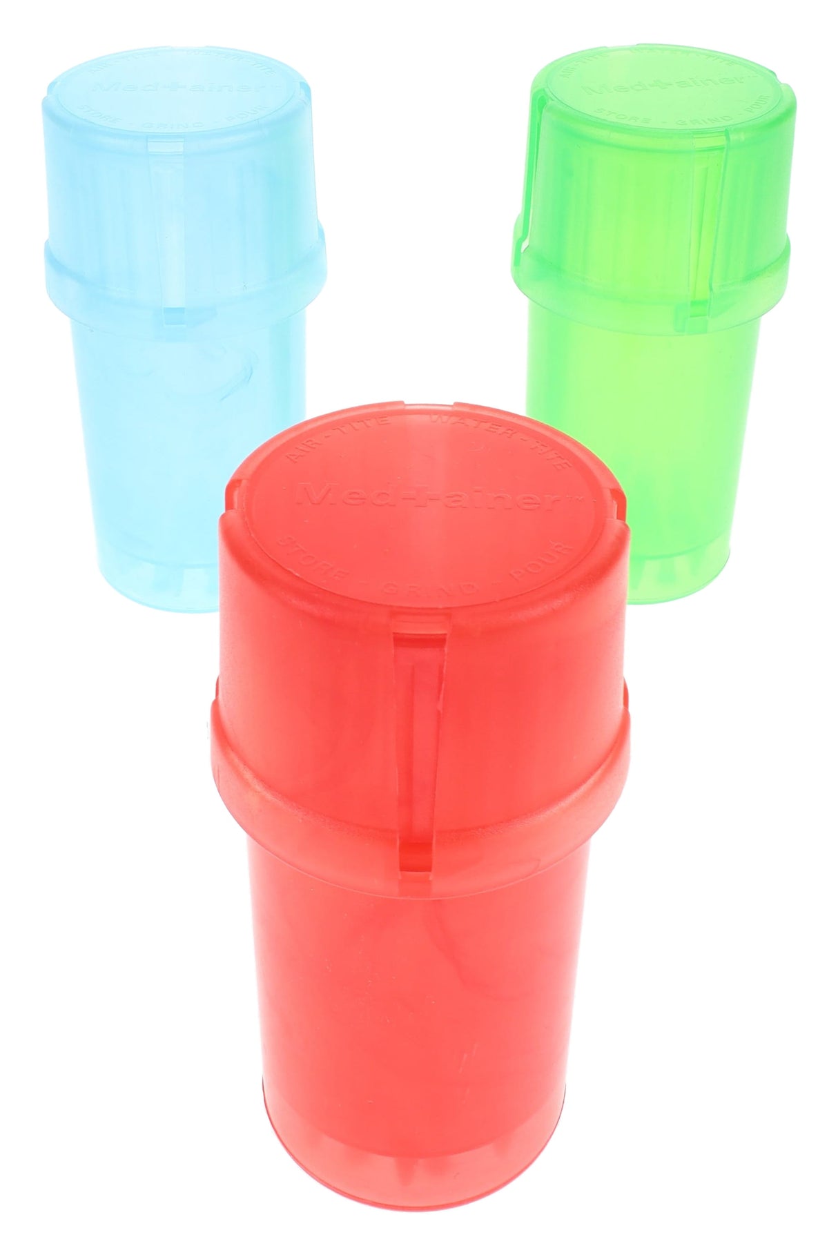 Assorted red, blue and green MedTainer 20 dram smell proof grinder jars standing upright, compact plastic storage for ground herb