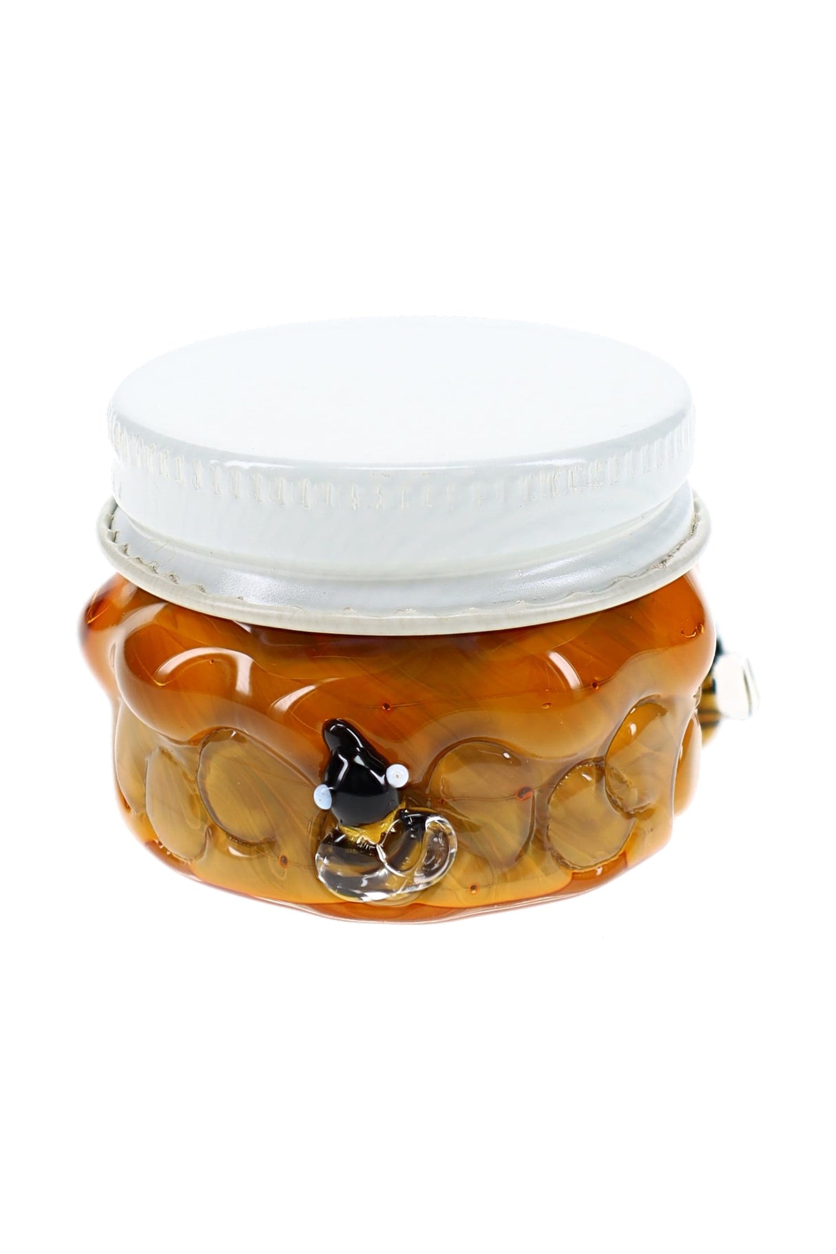 Amber honeycomb glass terp jar with white screw-top lid, bee accents, and compact 1½″ storage shape