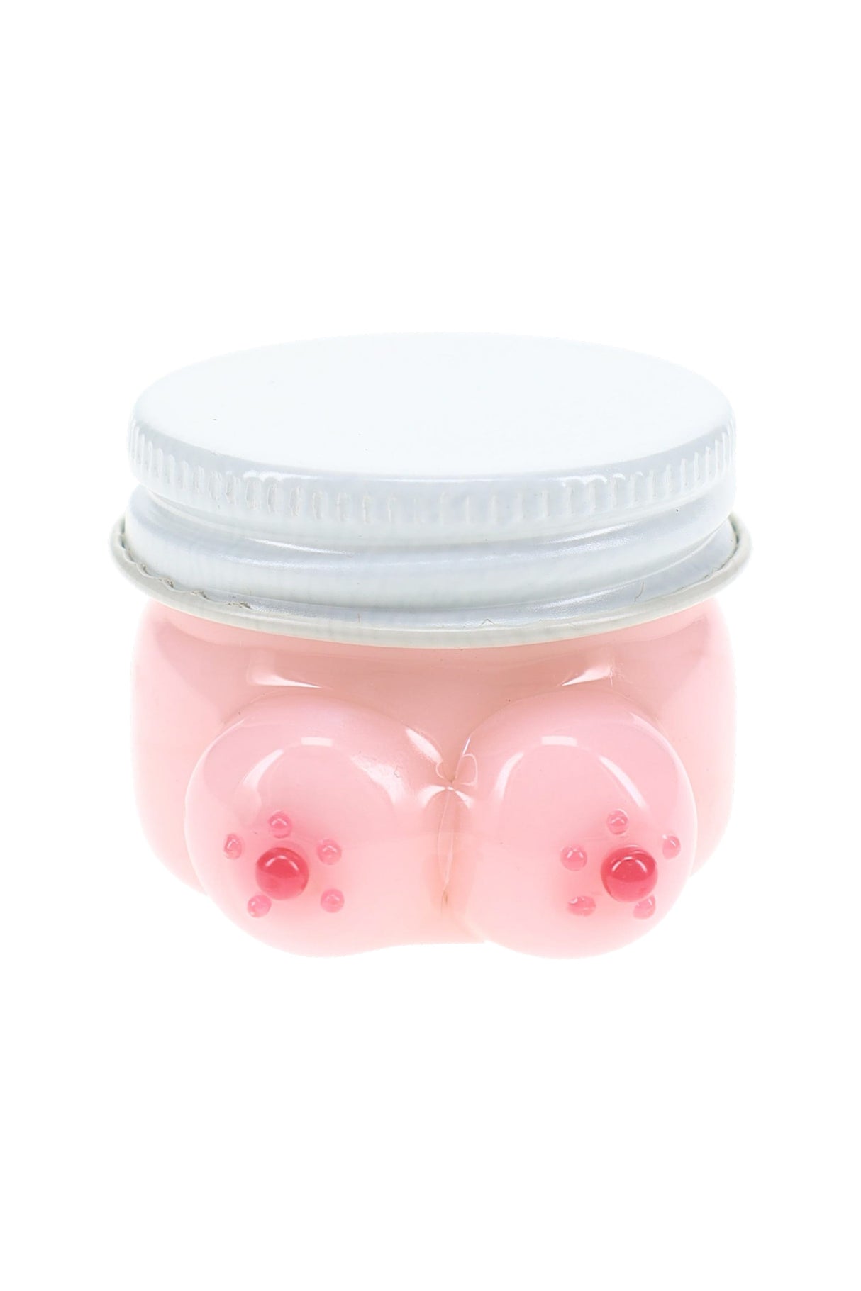 Empire Glassworks Boobies terp jar front view with pink glass body and silver fitted lid