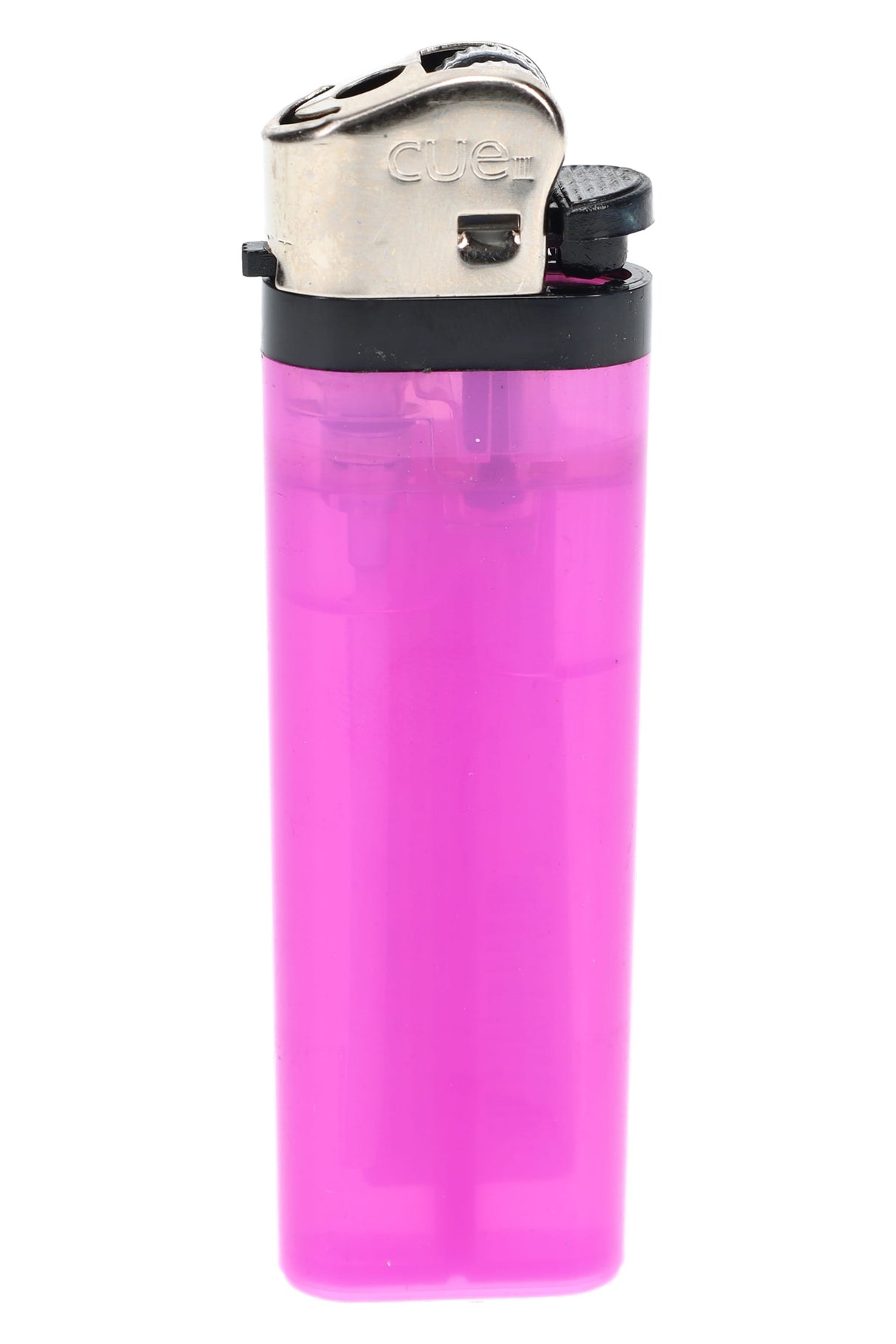 Pink translucent CUE II disposable lighter with metal top and flint wheel, shown upright on white background