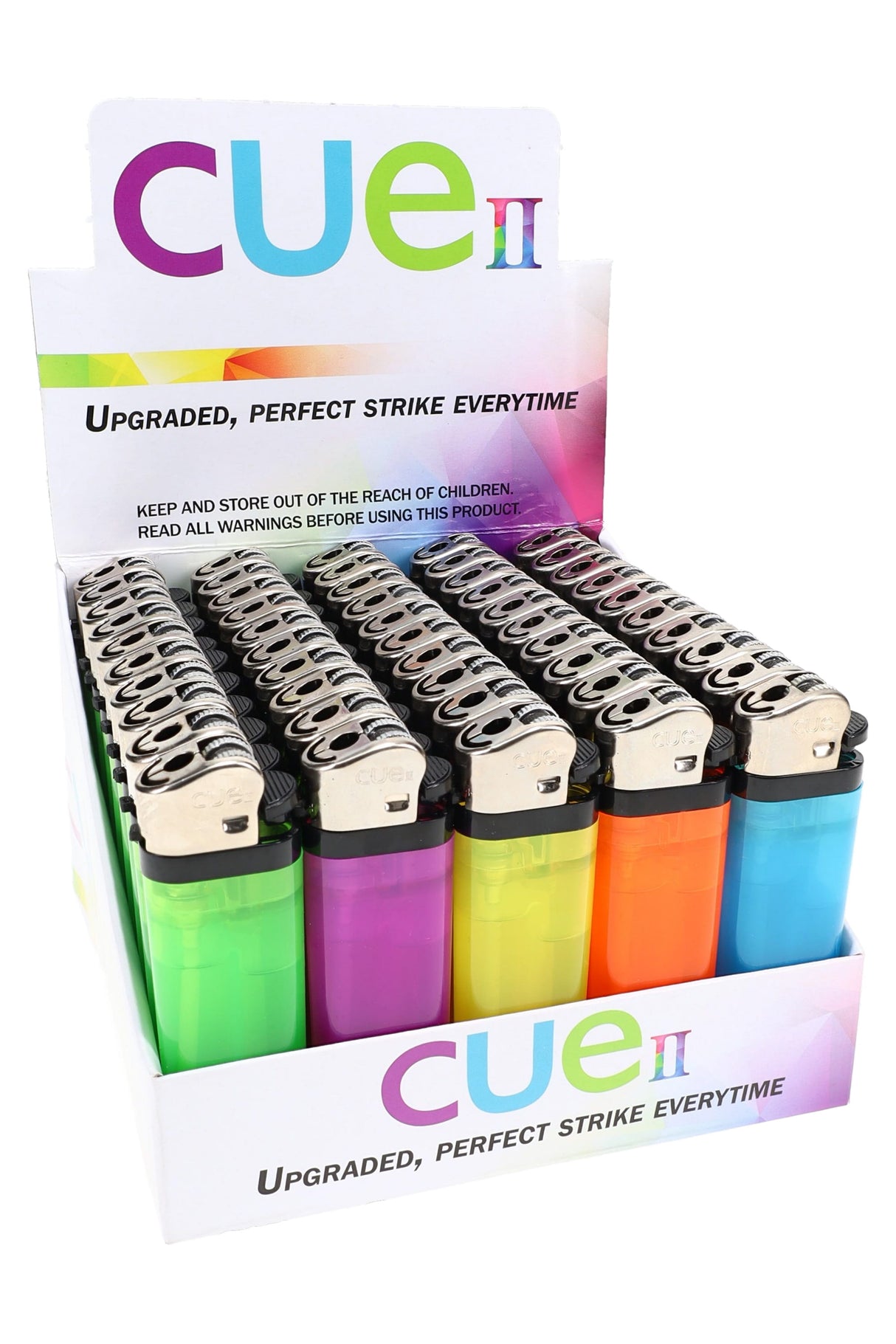 CUE II disposable lighter 50-count display tray with assorted translucent colors and metal tops in countertop box