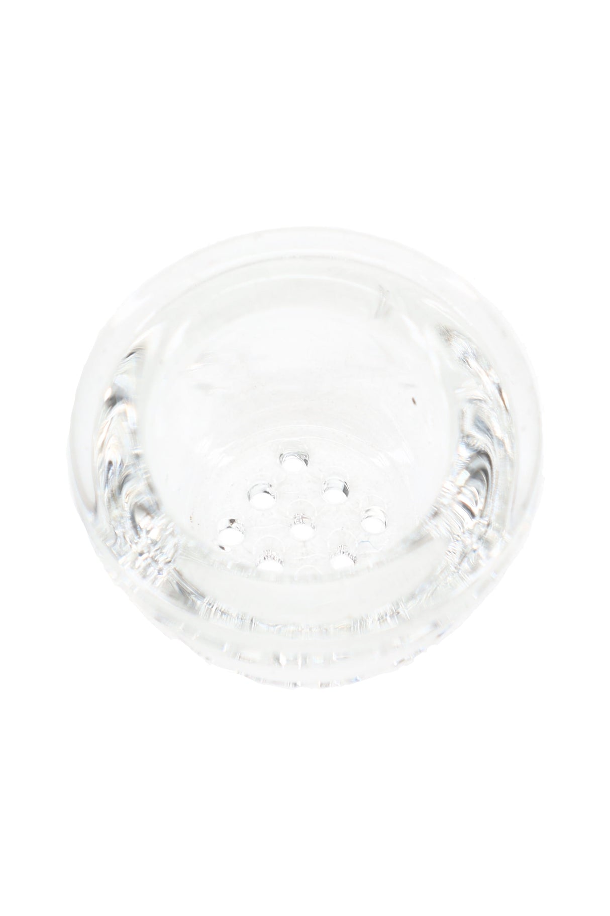 Close-up of clear glass screen bowl insert showing small airflow holes in base, compact replacement piece for silicone pipes