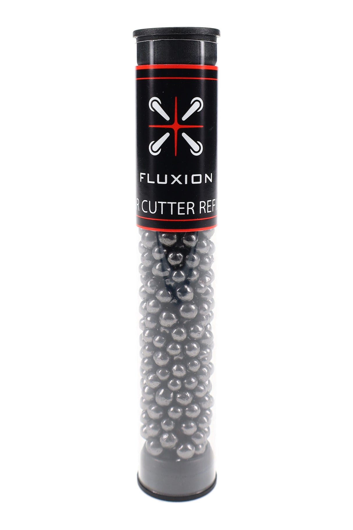 Flux Tar Cutter refill tube filled with activated carbon beads standing upright on white, black label with red trim visible