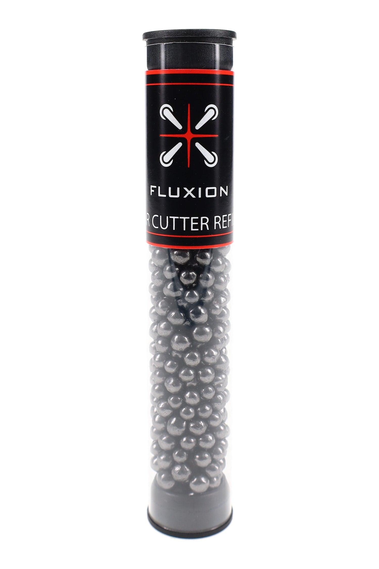 Flux Tar Cutter refill tube filled with activated carbon beads standing upright on white, black label with red trim visible