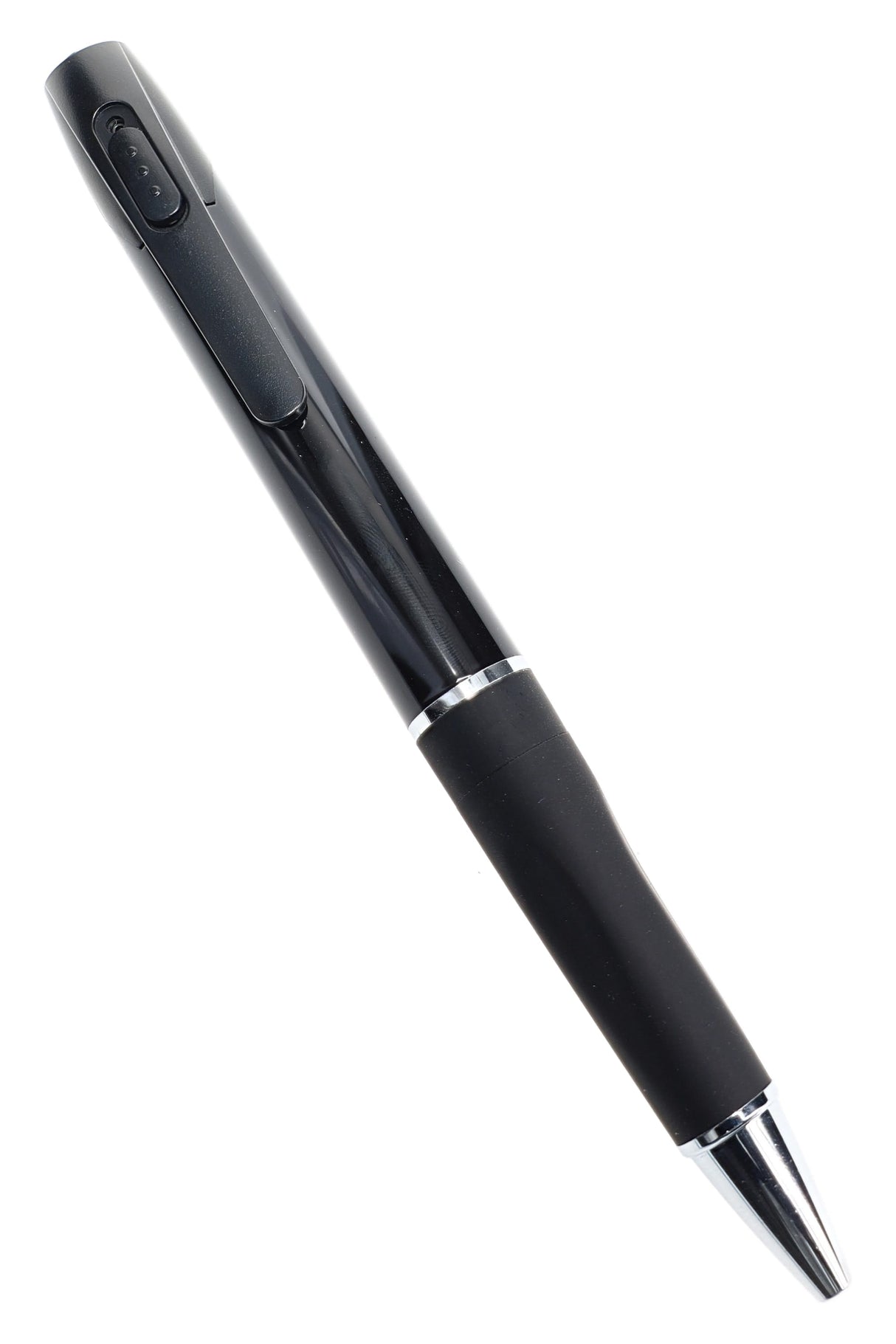 Sleek black ballpoint pen with chrome accents hides 1080p spy camera near pocket clip, shown diagonally on white background