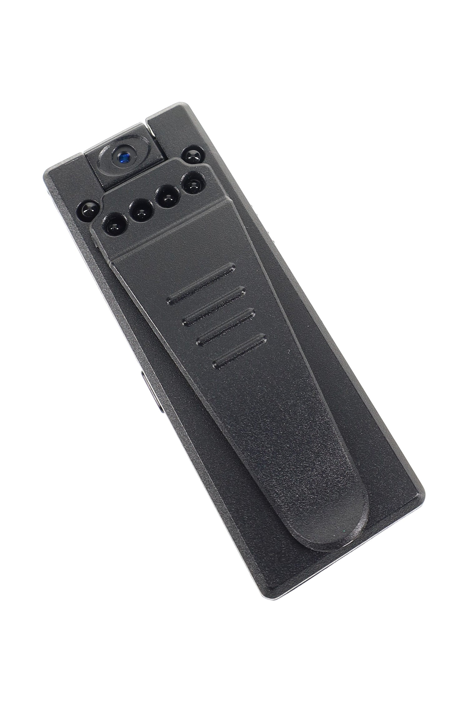 Clip side of mini recorder highlighting covert lens and IR array, angled on white background