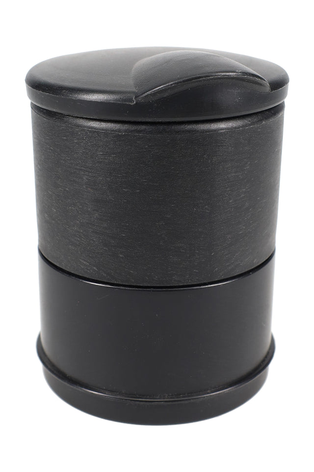 Black plastic LED car ashtray closed, compact 3.5-inch cup holder design on white background, front angle view.
