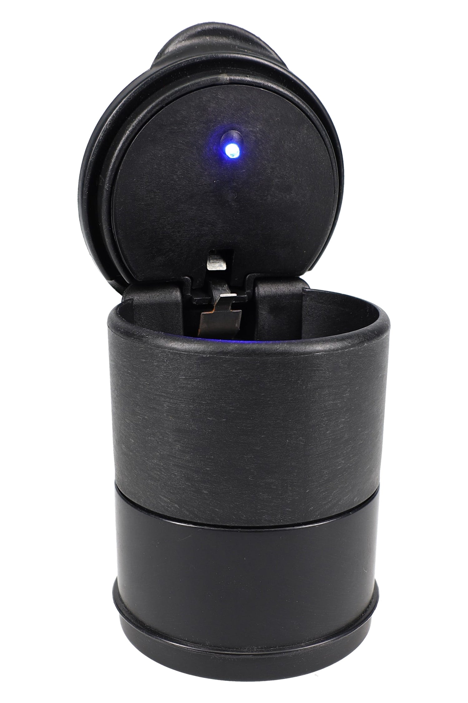 Open LED car ashtray with bright blue indicator light and flip lid, cup-holder style, shown on white backdrop.