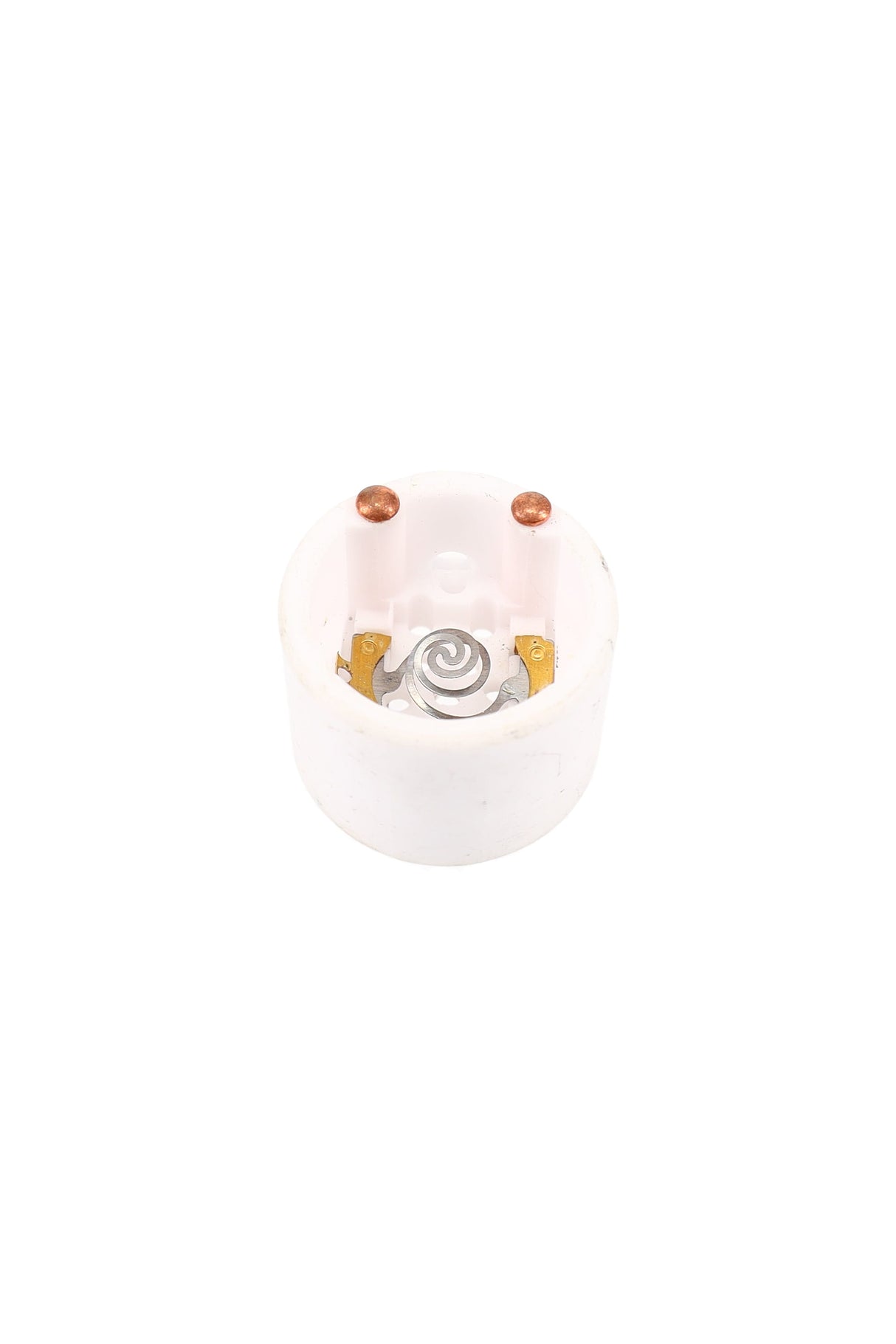Replacement ceramic bowl for Solopipe Elektra hand pipe, white round insert with dual copper posts and spiral coil heater, top-down view.
