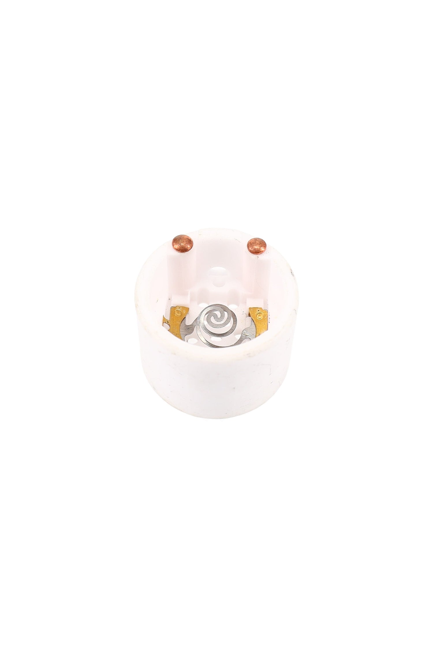 Replacement ceramic bowl for Solopipe Elektra hand pipe, white round insert with dual copper posts and spiral coil heater, top-down view.