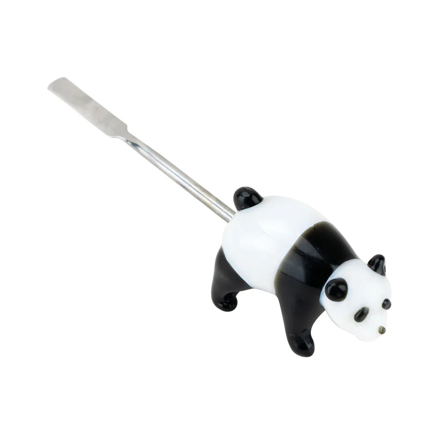 Side profile of panda glass dabber showing stainless scoop extending from the back and full black-and-white body detail on white backdrop.