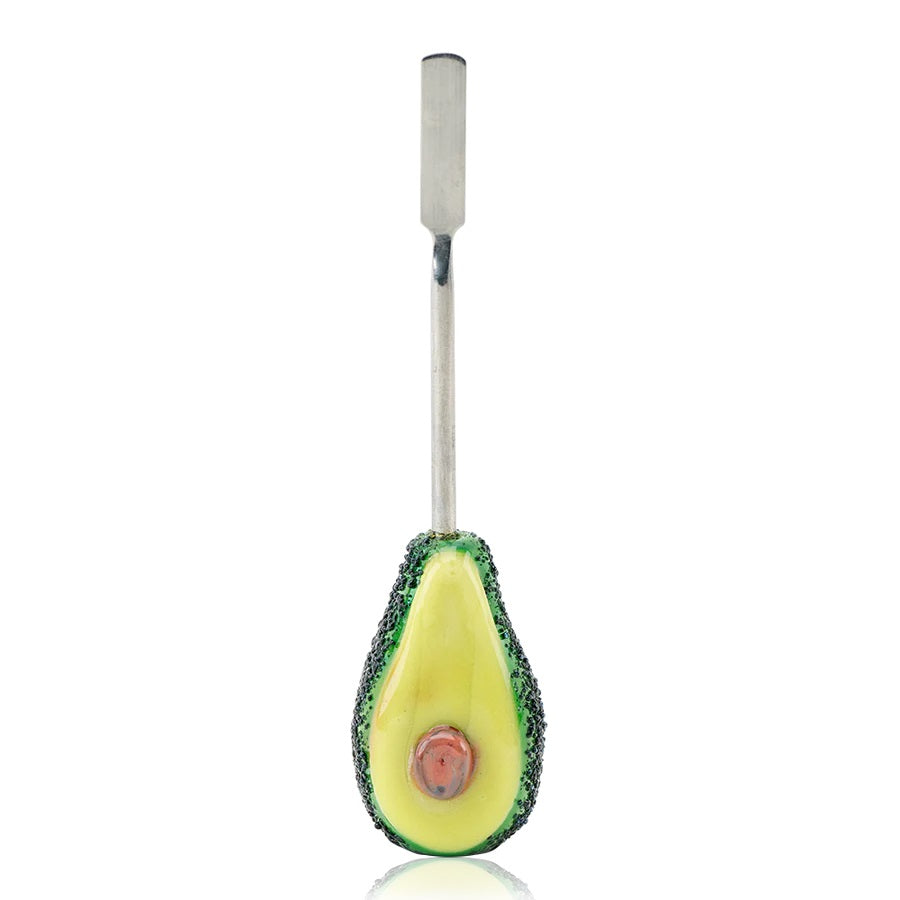 Front view of 5-inch avocado glass dabber on white backdrop highlighting stainless spatula tip and cut-half design.