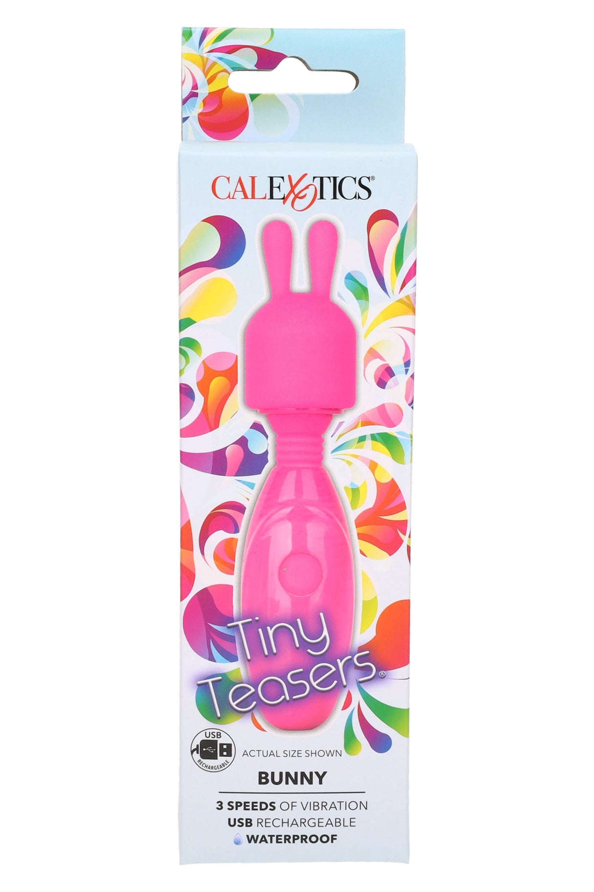 Pink Tiny Teasers Bunny mini vibrator in retail packaging with bunny-ear tip; 3 speeds, USB rechargeable design, and waterproof rating.