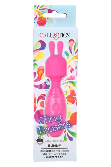 Pink Tiny Teasers Bunny mini vibrator in retail packaging with bunny-ear tip; 3 speeds, USB rechargeable design, and waterproof rating.