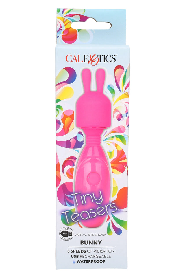 Pink Tiny Teasers Bunny mini vibrator in retail packaging with bunny-ear tip; 3 speeds, USB rechargeable design, and waterproof rating.