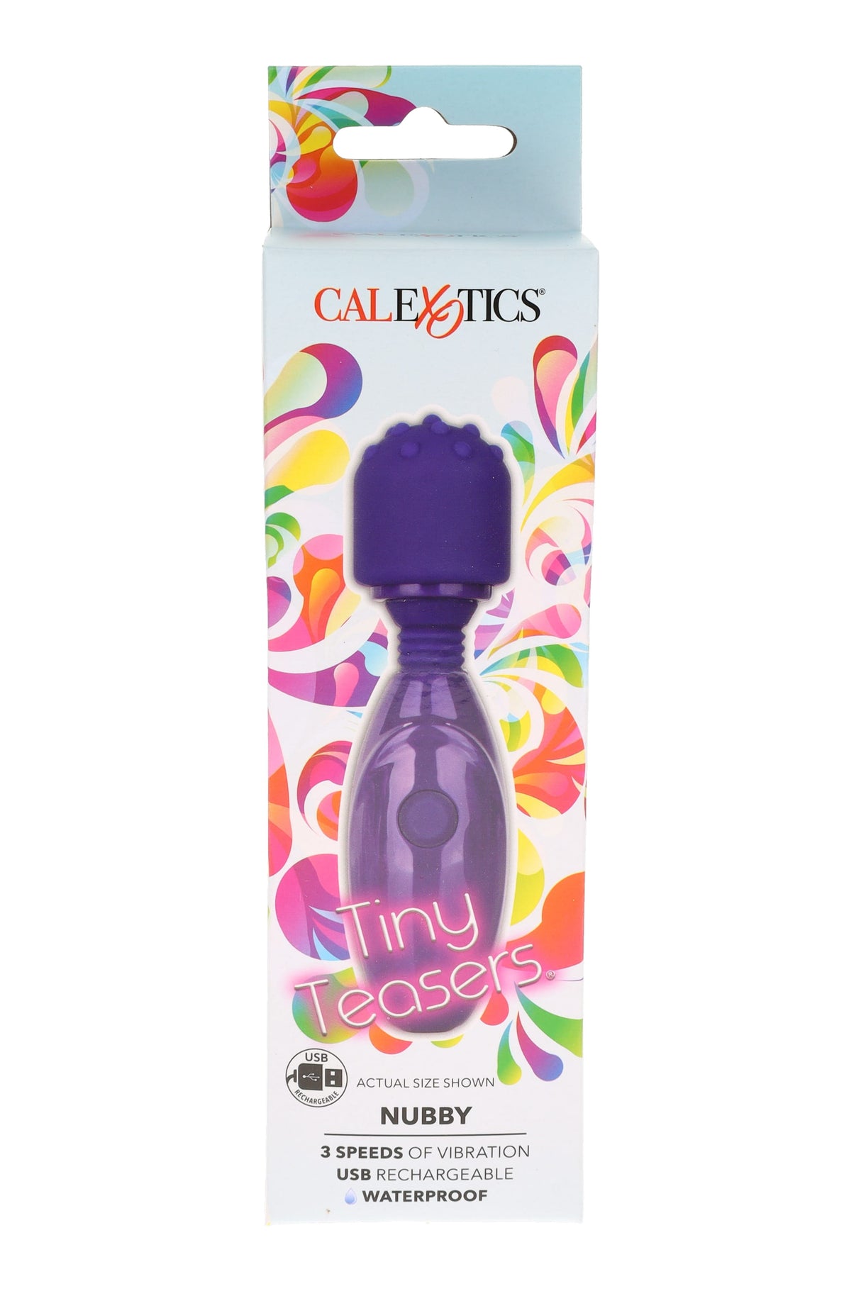 CalExotics Tiny Teasers Nubby mini wand massager in colorful retail box, purple wand with textured nubby tip
