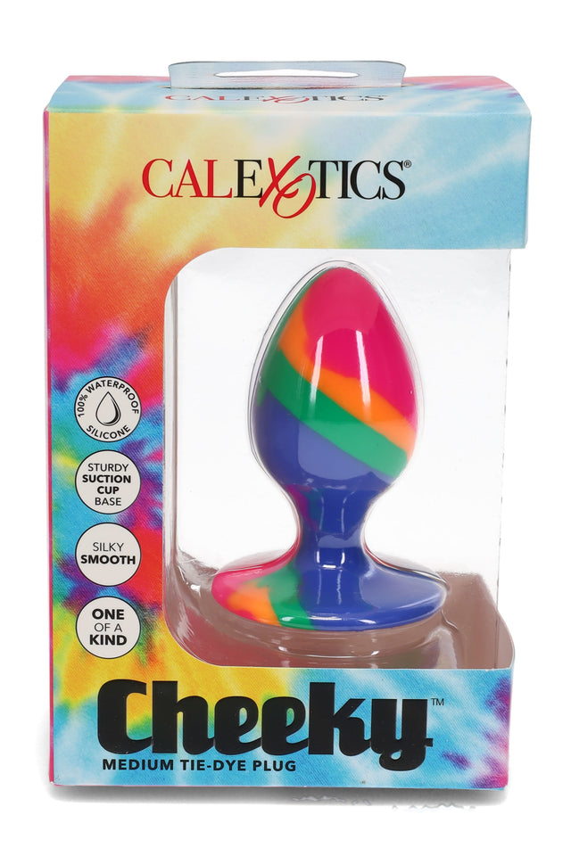 Medium tie-dye silicone butt plug with silky smooth finish and suction cup base, shown boxed in CalExotics Cheeky packaging.