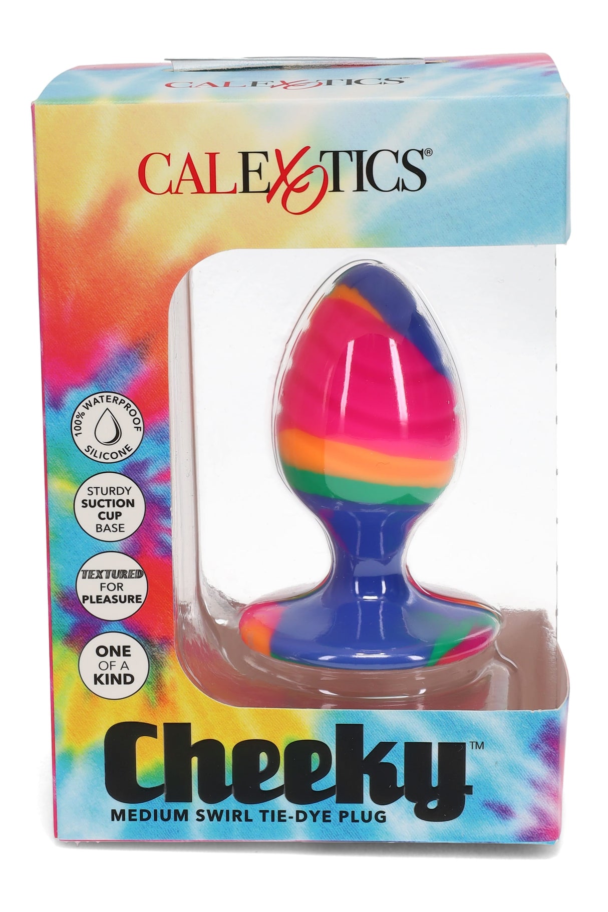 Medium swirl tie-dye silicone butt plug with textured ridges and suction cup base, displayed in CalExotics Cheeky retail box.