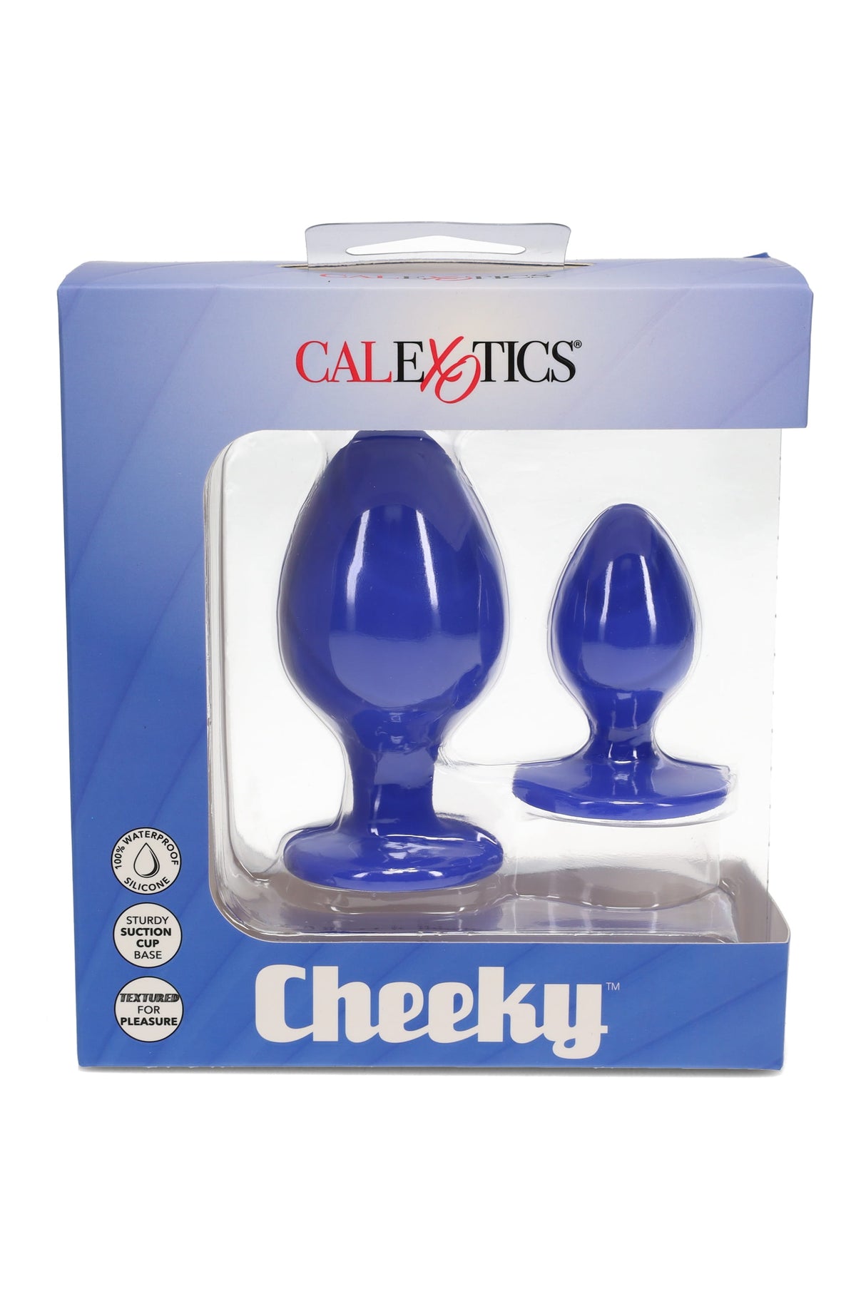 Cheeky two-piece silicone anal plug set in deep purple with suction-cup bases, shown boxed with body-safe, waterproof construction.