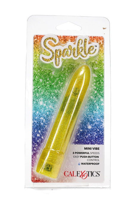 Yellow glitter Sparkle mini vibe, waterproof 3-speed bullet vibrator in retail packaging with push-button control