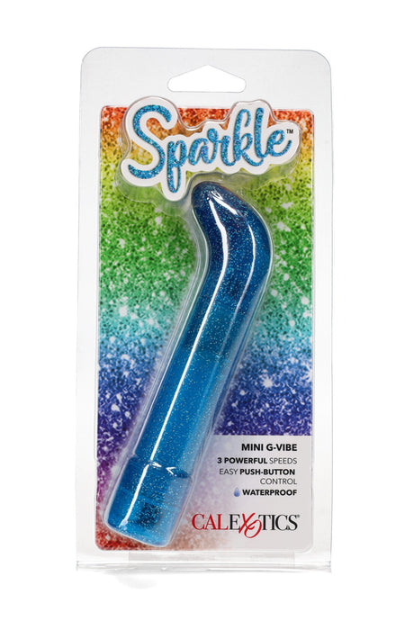 Blue glitter Sparkle Mini G-Vibe in blister pack; curved tip for targeted stimulation with 3 speeds, push-button control, waterproof.