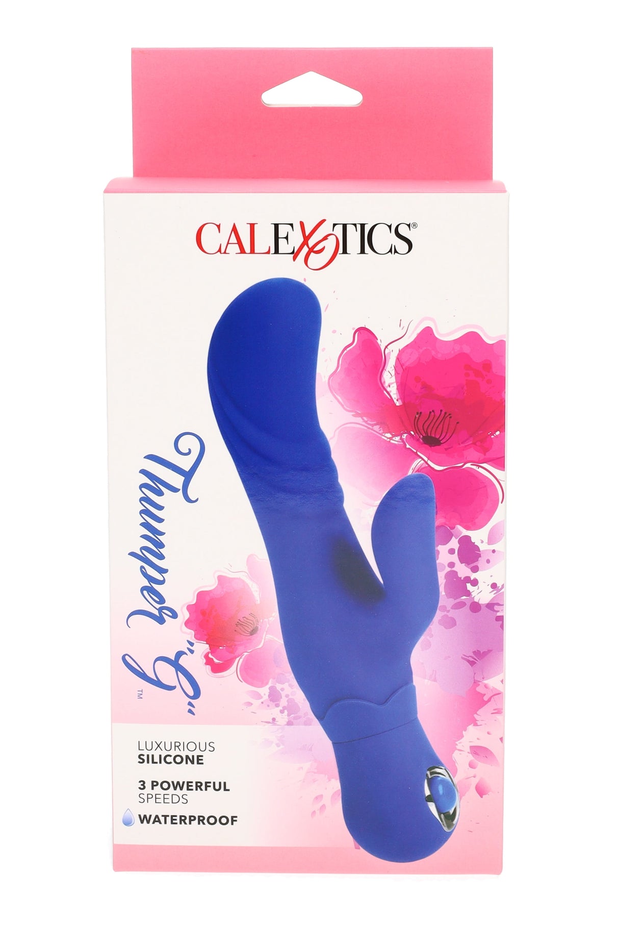 Blue Thumper G silicone rabbit vibrator in packaging; waterproof, 3 speeds, bulbed G-spot curve and external teaser arm.