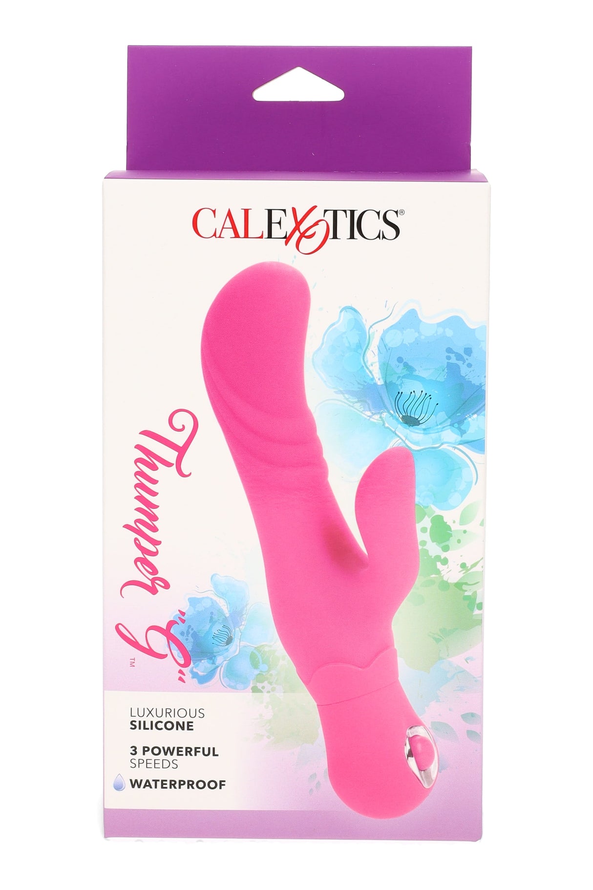 Pink Thumper G silicone rabbit vibrator in box; waterproof, 3 speeds, curved G-spot tip and teaser arm for stimulation.