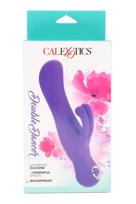 Purple Double Dancer silicone rabbit vibrator packaged for retail; twin external ticklers, curved bulbous tip, waterproof with 3 speeds.