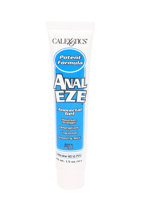 Anal Eze desensitizing gel in a 1.5-oz squeeze tube, blue label, unscented formula with 0.75% lidocaine shown in close-up product photo.