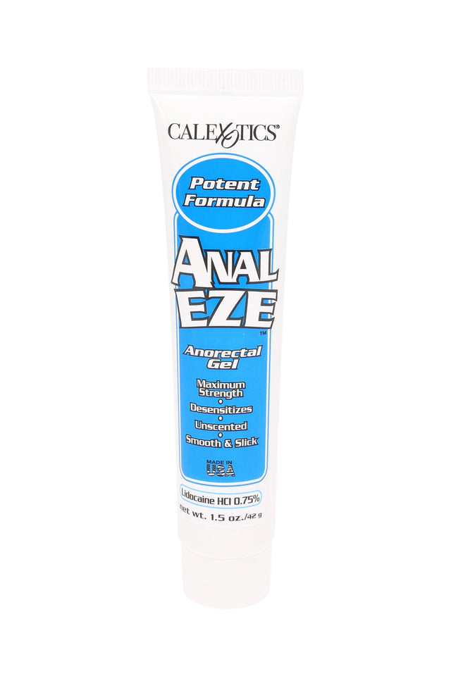 Anal Eze desensitizing gel in a 1.5-oz squeeze tube, blue label, unscented formula with 0.75% lidocaine shown in close-up product photo.