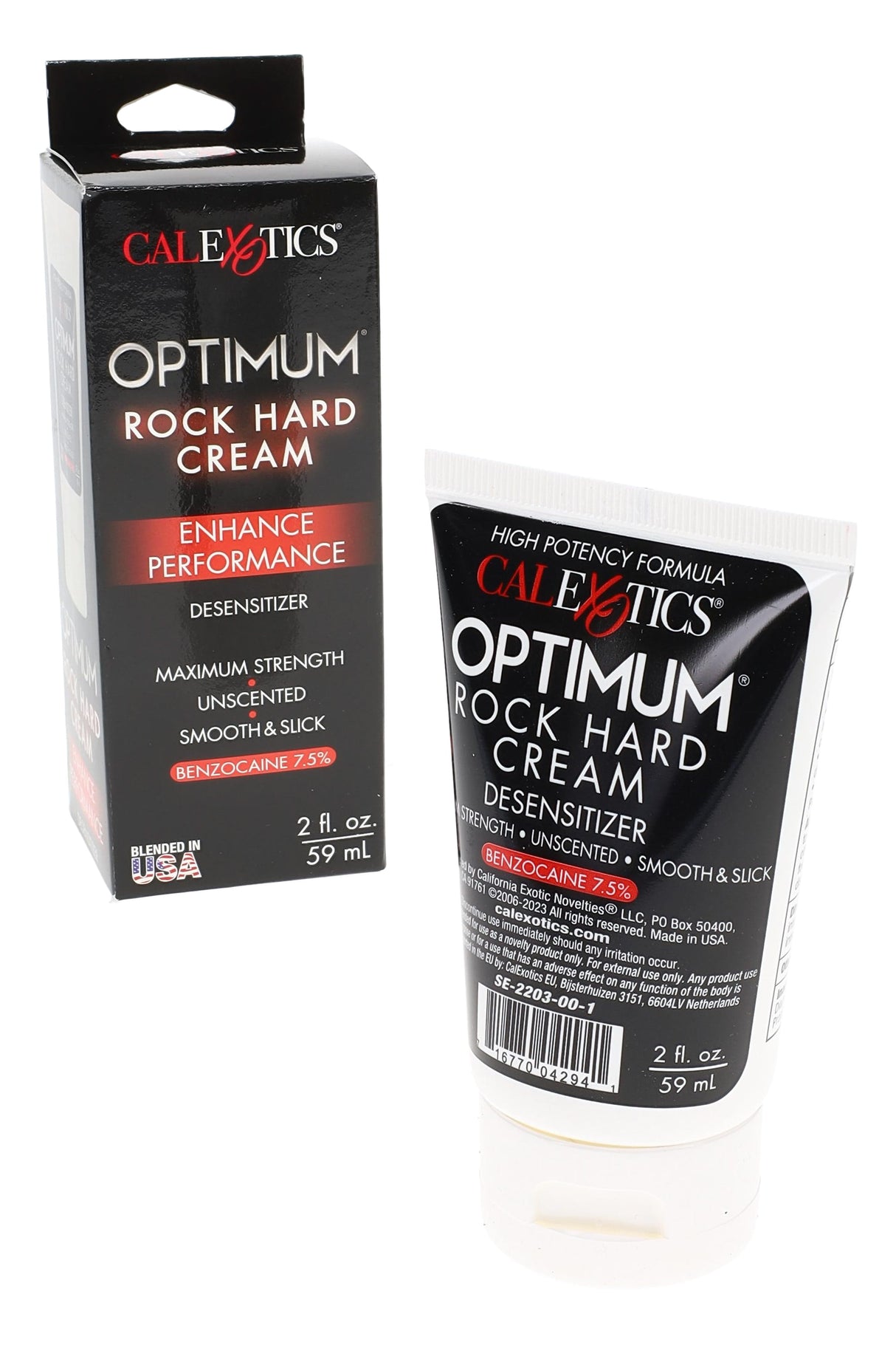 Optimum Rock Hard desensitizing cream 2 fl oz tube and box, unscented maximum strength with benzocaine 7.5%