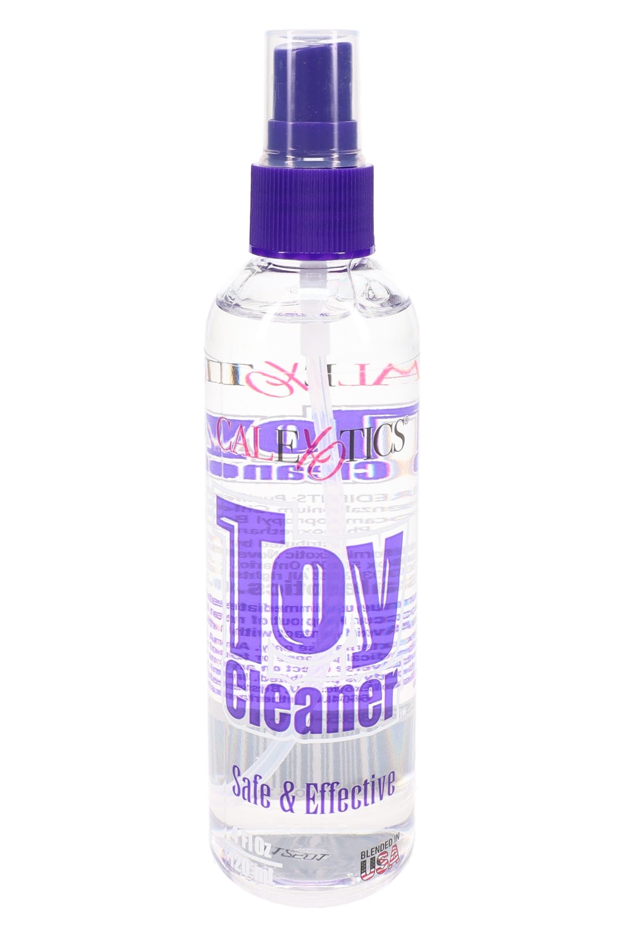 CalExotics Toy Cleaner spray bottle front with purple cap, 4 fl oz label reading “Toy Cleaner” and “Safe & Effective”