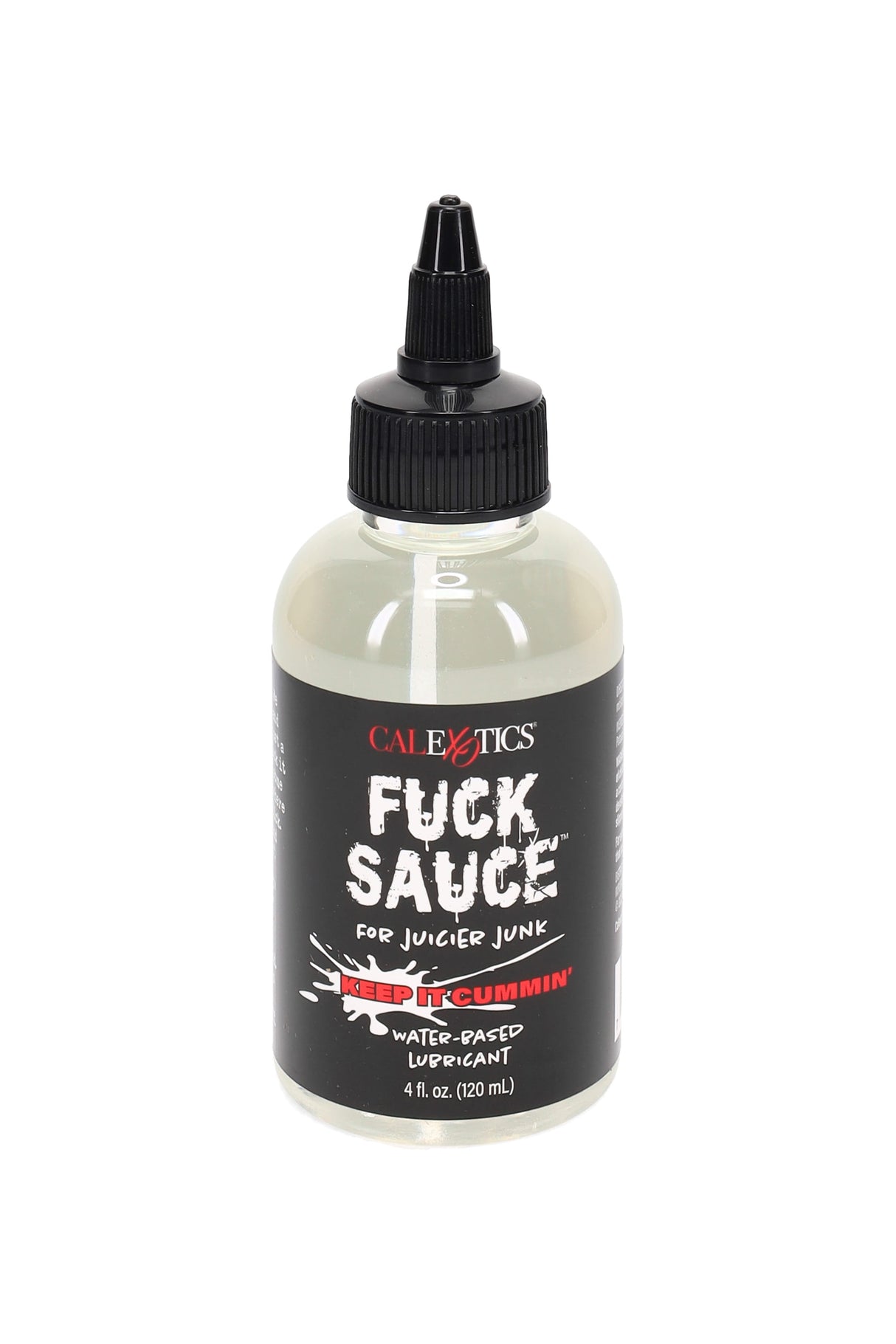 “Fuck Sauce” water-based personal lubricant in a 4-oz clear bottle with precision nozzle and black label, shown in a close-up retail product photo.