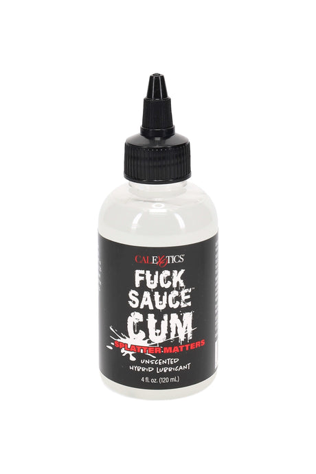 “Fuck Sauce Cum” unscented hybrid personal lubricant, 4-oz clear bottle with precision nozzle and black label, close-up product photo.